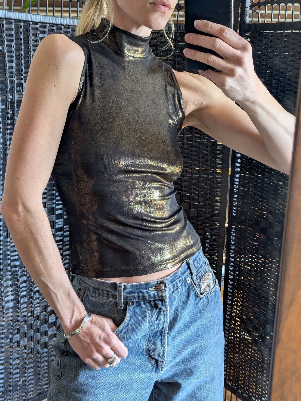 Vintage 00s Y2K Shimmering Gold & Black Sleeveless Top. size small